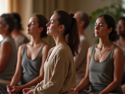 Menschen sitzen mit geschlossenen Augen in einer Meditationsgruppe.