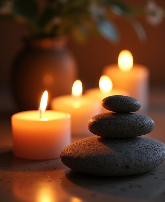 Nahaufnahme von brennenden Kerzen und Meditationssteinen in einer ruhigen Atmosphäre.